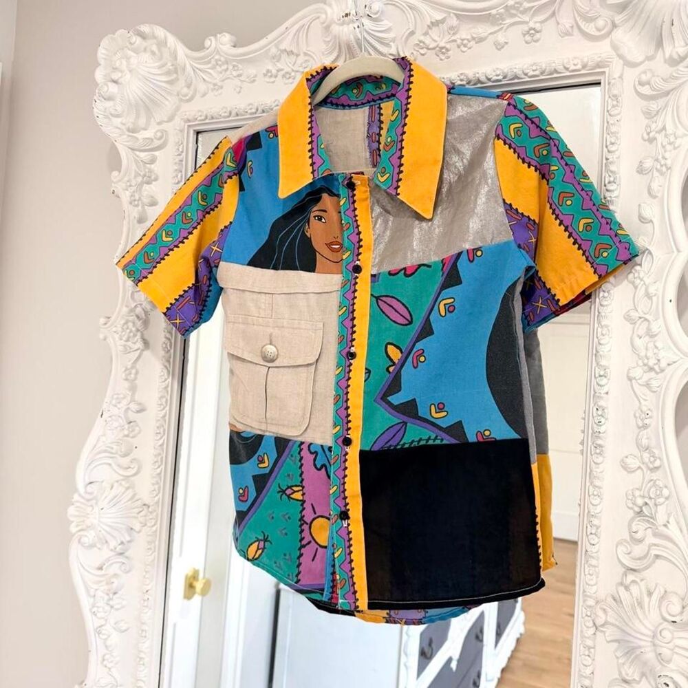 New York Couture Reworked Vintage Disney Pocahontas Patchwork Button-down Shirt
